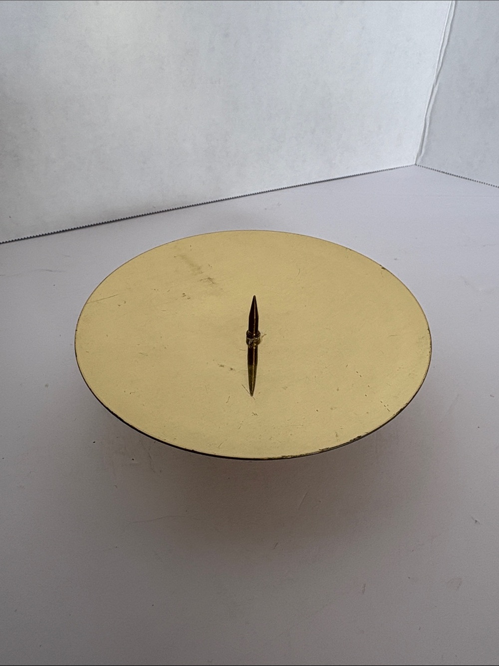 Vintage Solid Brass Pillar Candle Pricket Holder Round Saucer Plate